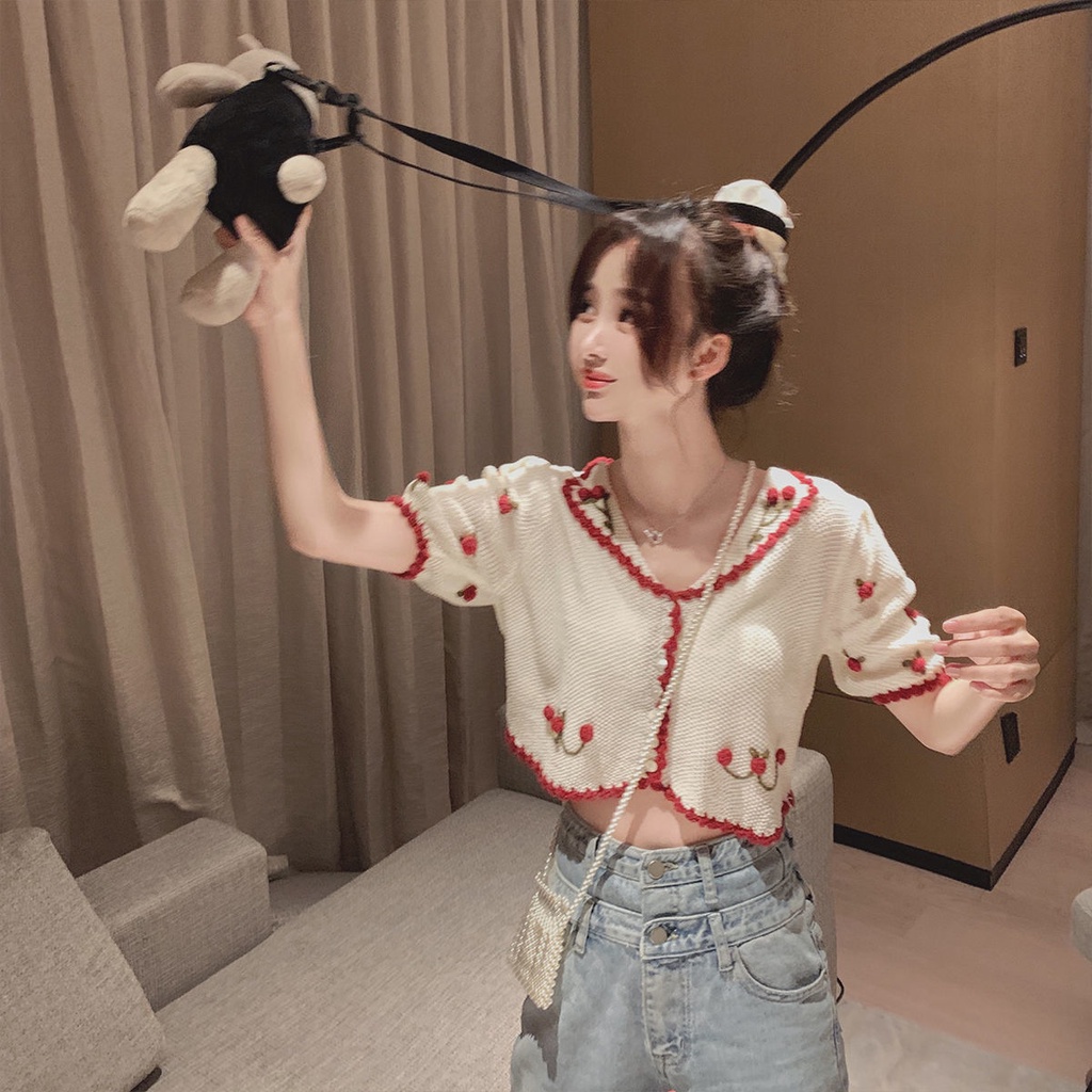 Áo khoác cardigan dệt kim mỏng tay ngắn thêu họa tiết phong cách retro Pháp thời trang xinh xắn cho nữ