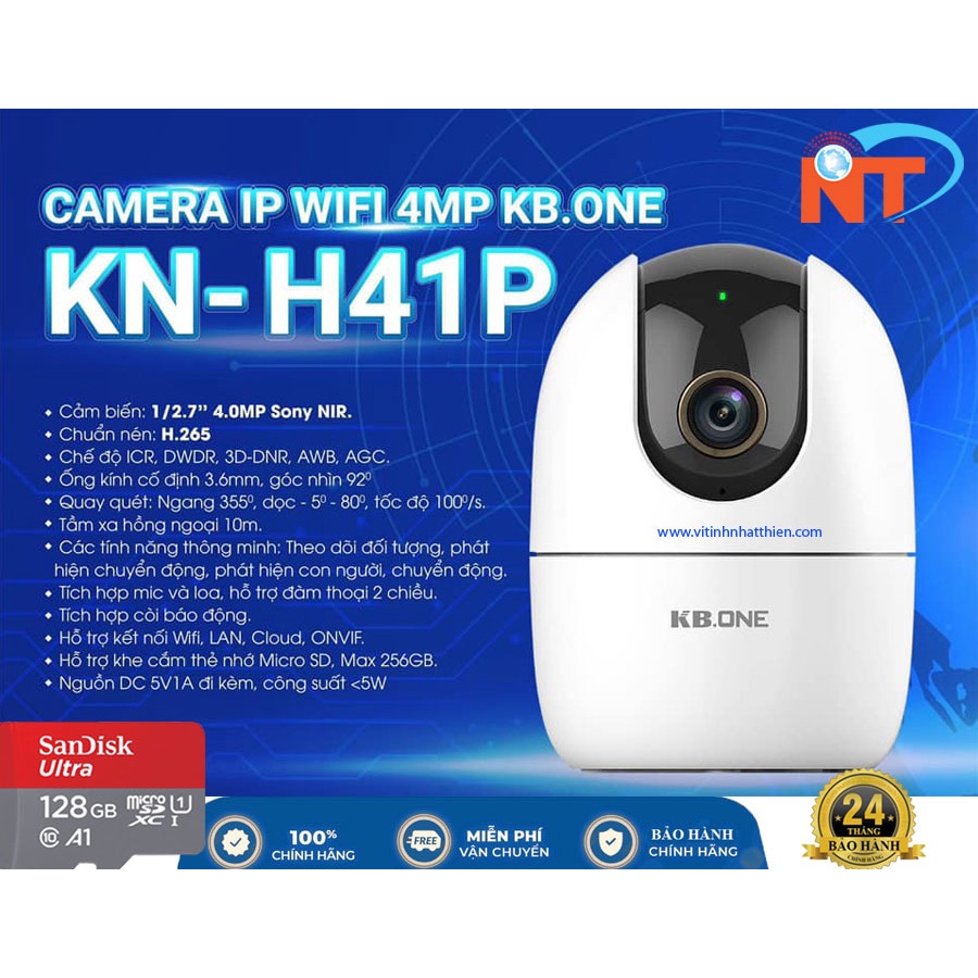 CAMERA IP WIFI KBONE KN-H41P 4MP, XOAY 360 ĐỘ, ĐÀM THOẠI 2 CHIỀU, bảo hành chính hãng 2 năm