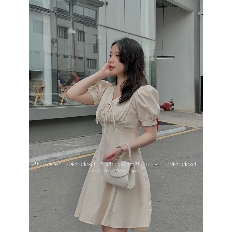 Váy thô tay bồng vintage dáng xoè tôn dáng , váy thô mềm rúm ngực