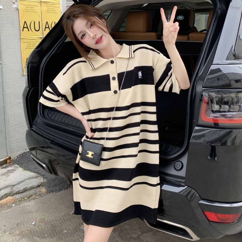 Đầm dệt kim RENJIANVSHENG 175893 dáng rộng cổ polo kẻ sọc ngang thời trang retro