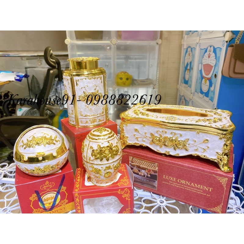 Hộp đựng giấy ăn, lọ tăm,hộp đựng chè, gạt tàn phong cách mạ vàng, bạc cao cấp. Kim loại mạ vàng 18K. Bảo hành 2 năm