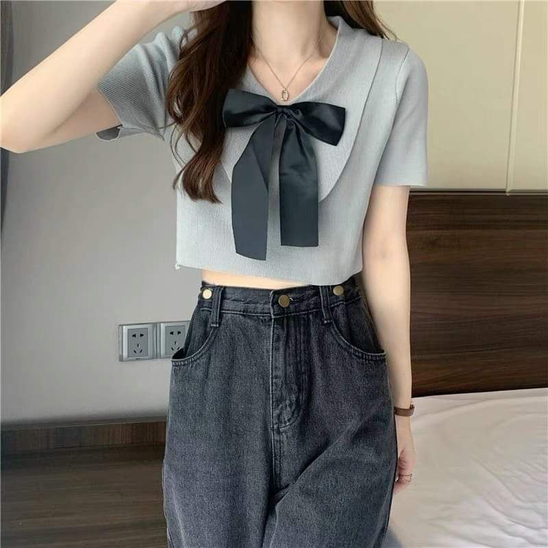 Áo len trơn ngắn tay đính nơ hàng QC