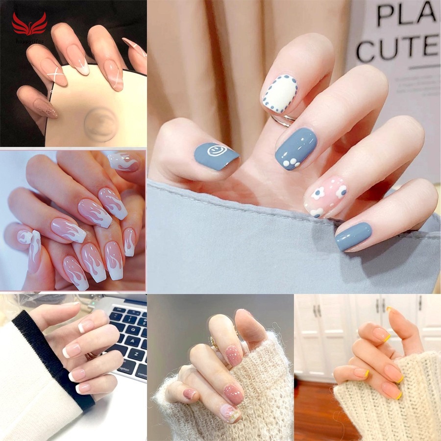 Bộ 24 móng tay giả họa tiết ngọn lửa có keo tháo rời được chống thấm nước thời trang T51-100