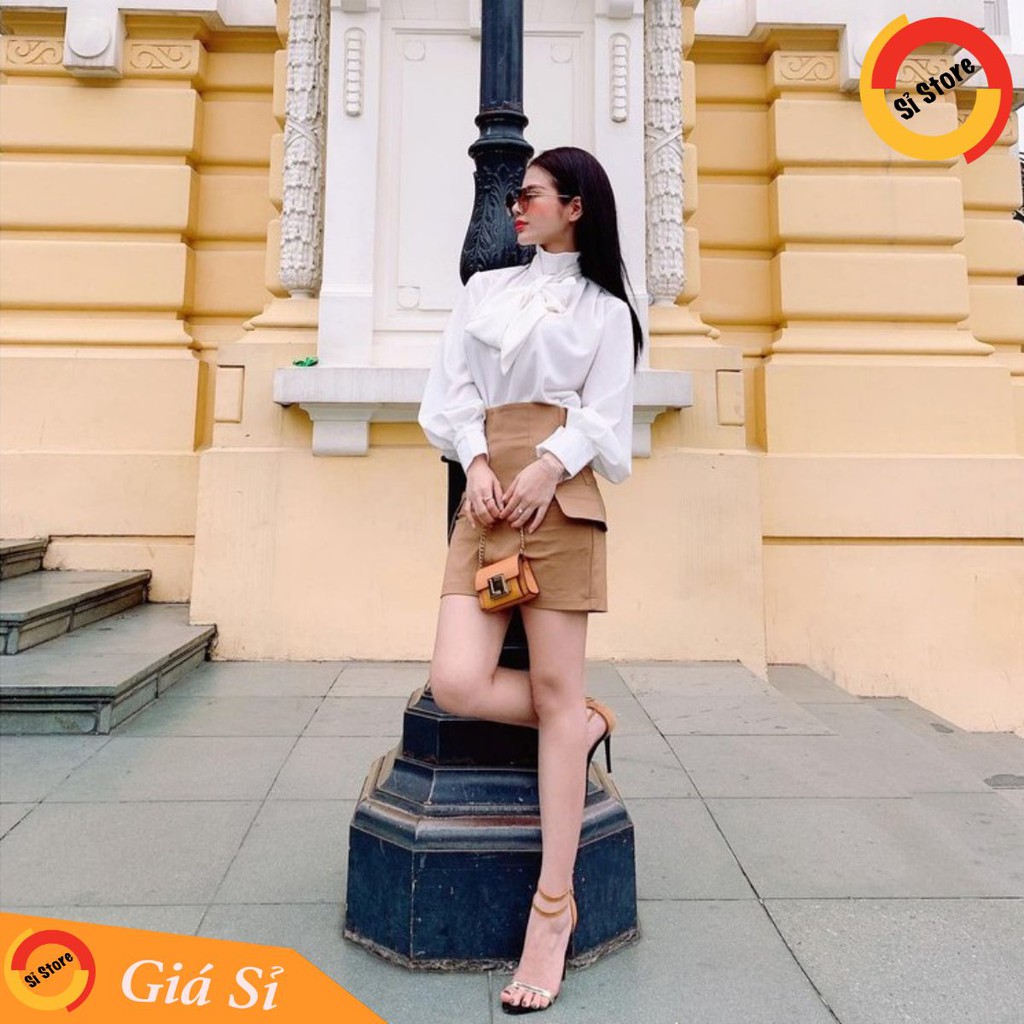 Set Áo Cổ Điển + Quần Váy Cạp Cao Túi Nắp (Áo Trắng + QV Nâu)