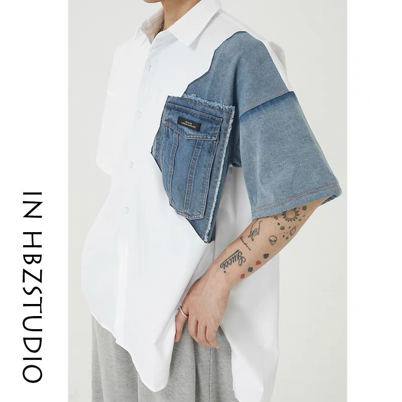 Áo sơ mi hàn quốc xẻ tà cho nam - tay lửng phối jean rách phong cách unisex