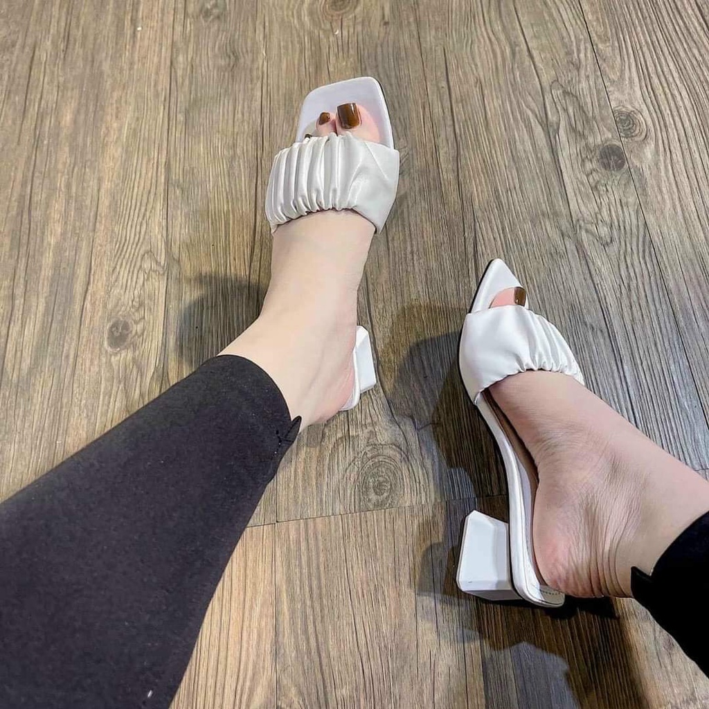 DÉP GUỐC CAO GÓT NỮ QUAI BÈO NHÚN ĐẾ VUÔNG CAO 3 PHÂN MÀU TRẮNG ĐEN SIÊU HOT