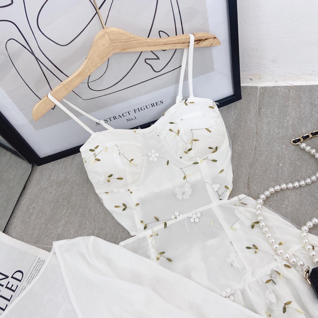 SET ĐẦM 2 DÂY HOA LÁ CÚP NGỰC CUTOUT LƯNG KÈM KHOÁC CROPTOP