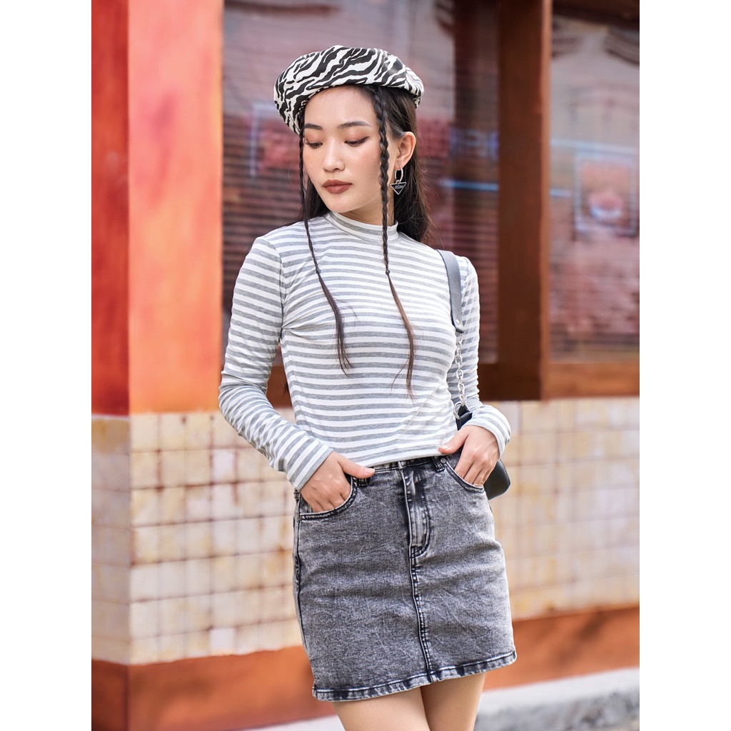 Áo Thun Nữ Cao Cổ Kẻ Sọc Ngang Nữ Dáng Croptop  ATN5190
