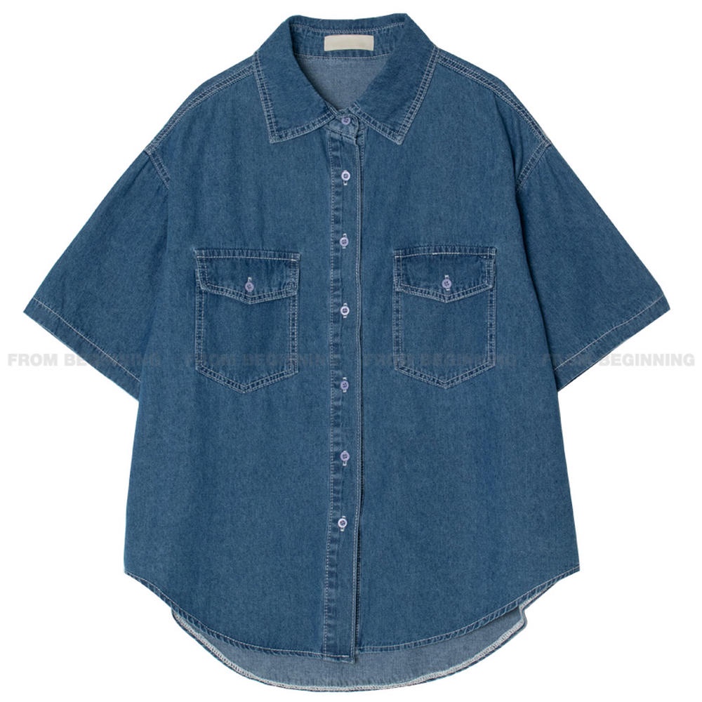 Áo Sơ Mi Denim Tay Ngắn Dáng Rộng Phối Hai Túi Thời Trang 50464
