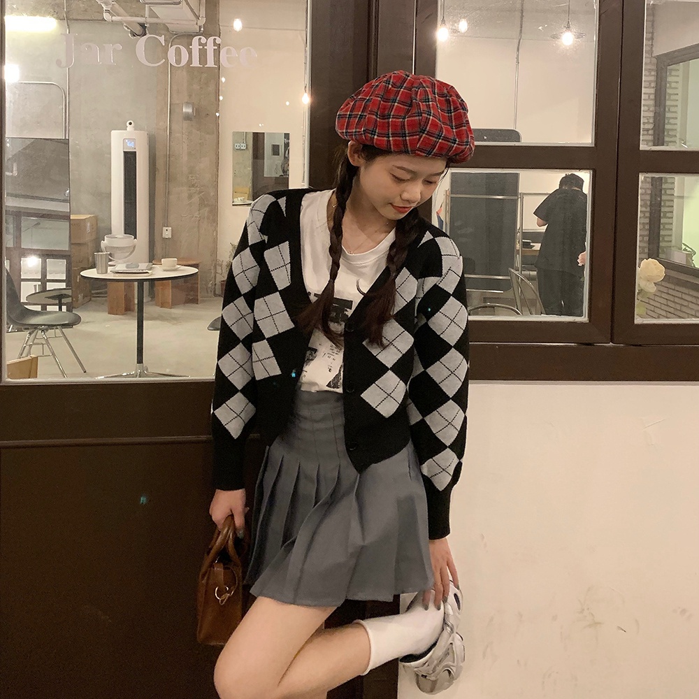 SUXI Áo Khoác Cardigan Dệt Kim Tay Dài Cổ Chữ V Kẻ Sọc Ca Rô Dáng Ôm Thời Trang Mùa Thu Cho Nữ