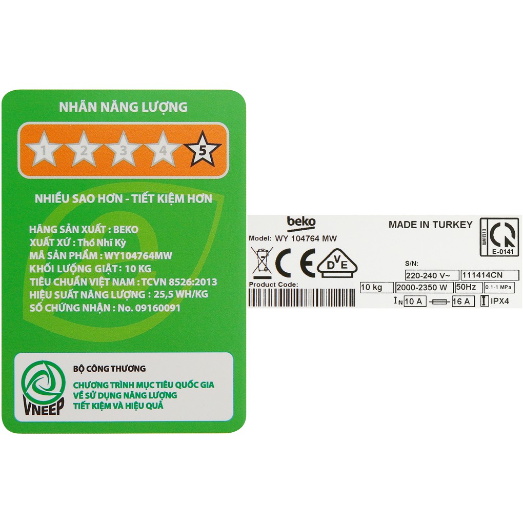 [MIỄN PHÍ GIAO HÀNG - LẮP ĐẶT] WY104764MW - Máy giặt Beko Inverter 10 kg WY104764MW