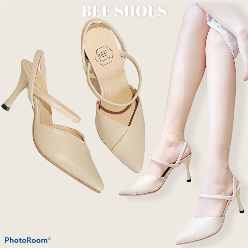 BEESHOES - GIÀY CAO GÓT NỮ MŨI NHỌN DÂY NGANG - GIÀY CAO GÓT NỮ GÓT NHỌN CAO 7 PHÂN SẴN MÀU ĐEN - BE - TRẮNG 201067