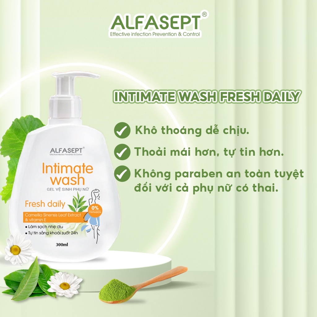 Dung dịch vệ sinh  nữ ALFASEPT Intimate wash - Fresh Daily Chiết Xuất Trà Xanh, Dịu Nhẹ Tươi Mát, Làm Sạch 150ML & 300ML