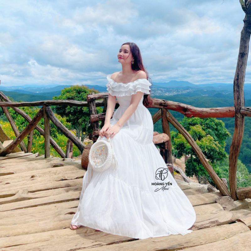 Đầm maxi, váy đi biển trắng, vàng, hồng, tím trễ vai phối bèo dập ly dáng dài HOANGYEN