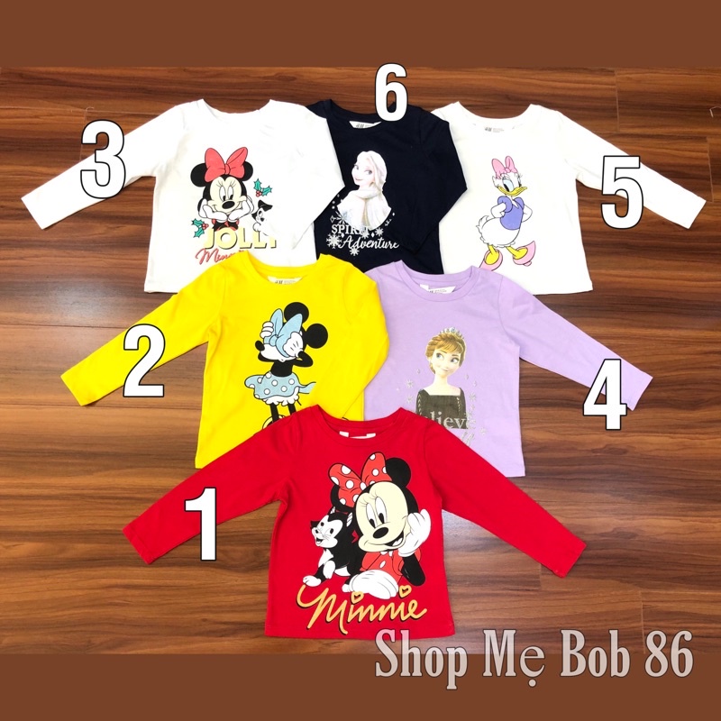 Áo HM bé gái dài tay hình elsa, mickey, chất cotton mềm mịn