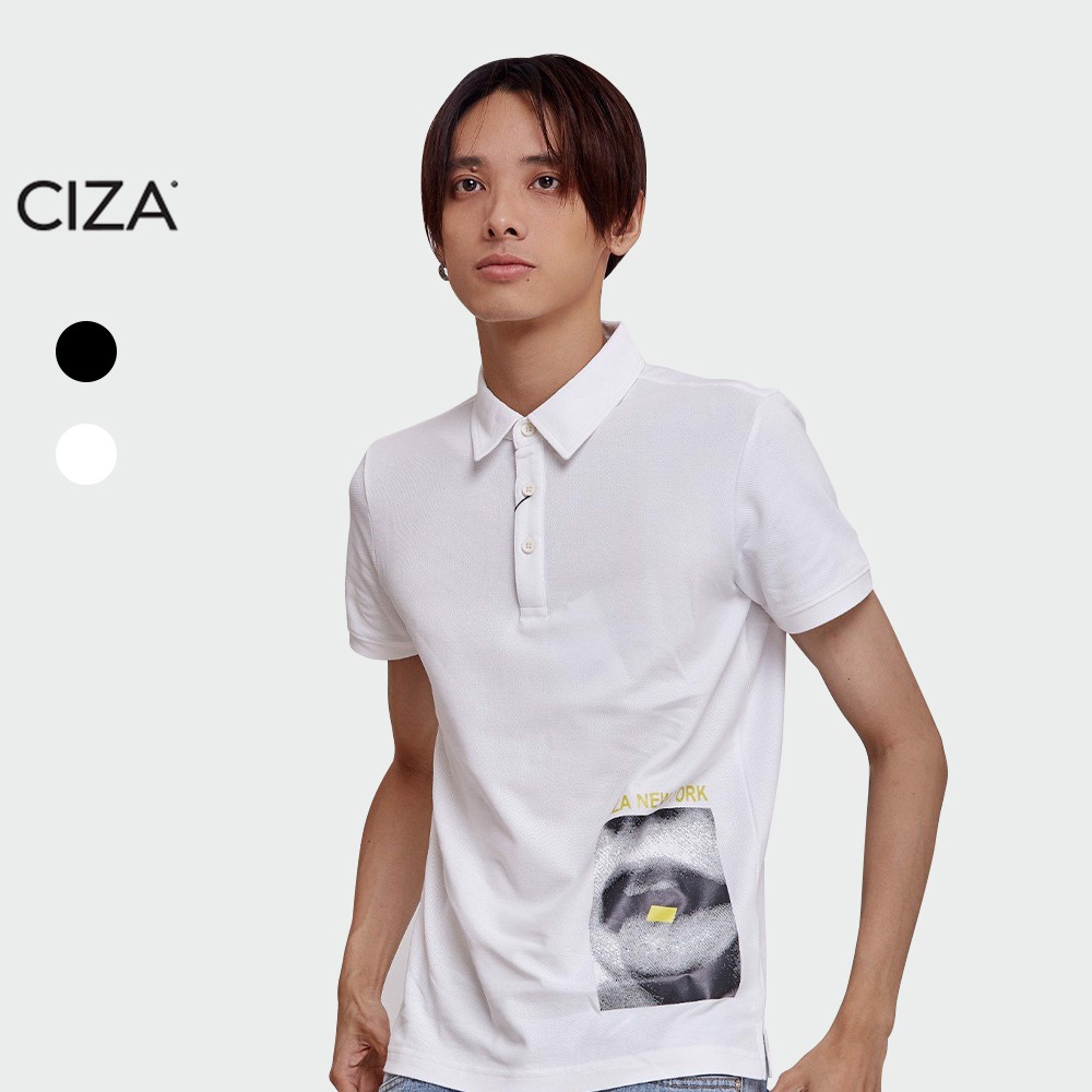 Áo Polo nam cổ bẻ màu Trắng và Đen CIZA APNS07 T11140 ngắn tay slim fit trơn 2 màu in hình cá tính