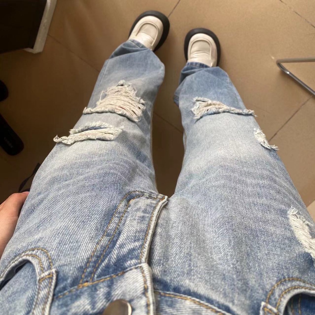 Jiashucheng Quần Jean Rách Lưng Cao Ống Rộng Dáng Suông Phong Cách Retro Mùa Hè Mới Cho Nữ