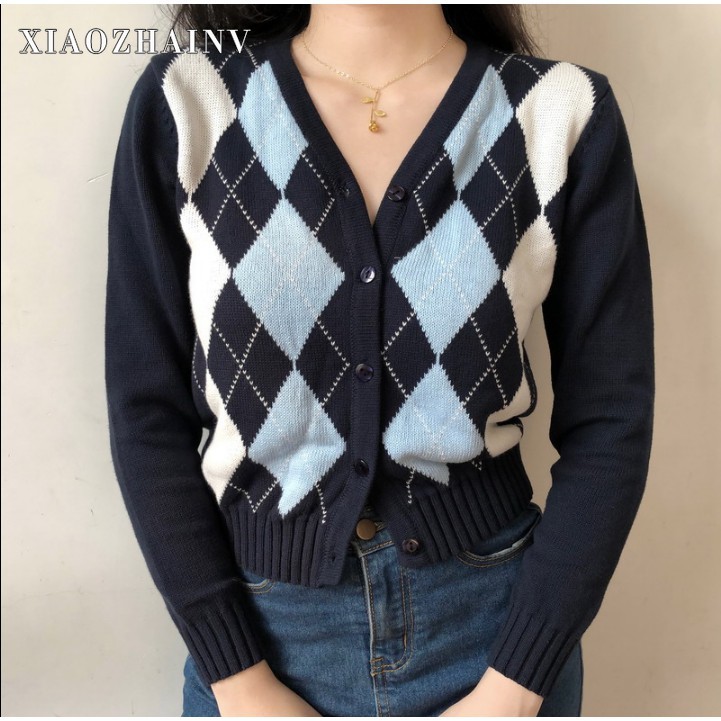 Áo Khoác Cardigan Dệt Kim Cổ Chữ V Tay Dài Dáng Ngắn Họa Tiết Hình Thoi Màu Phong Cách Âu Mỹ Thời Trang Cho Bạn Nữ