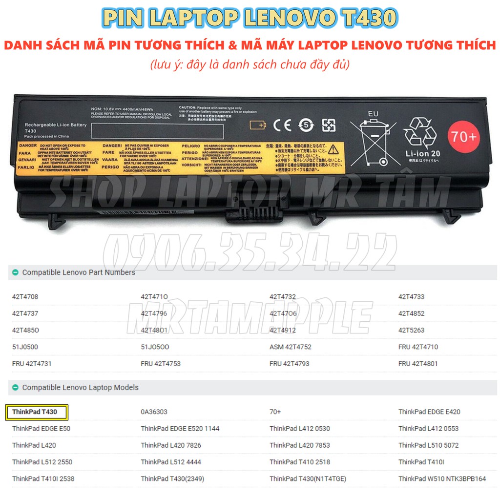 [Mã 159ELSALE hoàn 7% đơn 300K] Pin Laptop LENOVO T430 - 6 CELL - ThinkPad T430 L430 T530 L530 W530