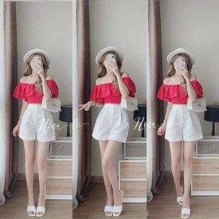 Set áo trễ vai tay lỡ phối quần cotton trắng
