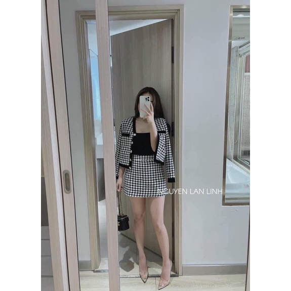Set Dạ Kẻ Áo Khoác Mix Chân Váy Sang Chảnh Có Ảnh Thật Kèm Video
