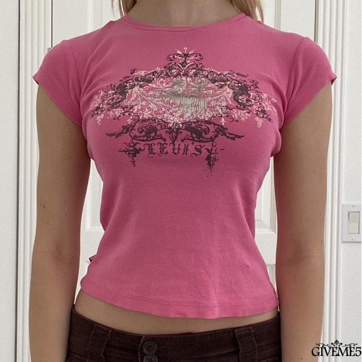 GIVEME-Women’s Casual Short Sleeve T-shirt Vintage Printing Round Neck Exposed Navel Slim Fit Tops