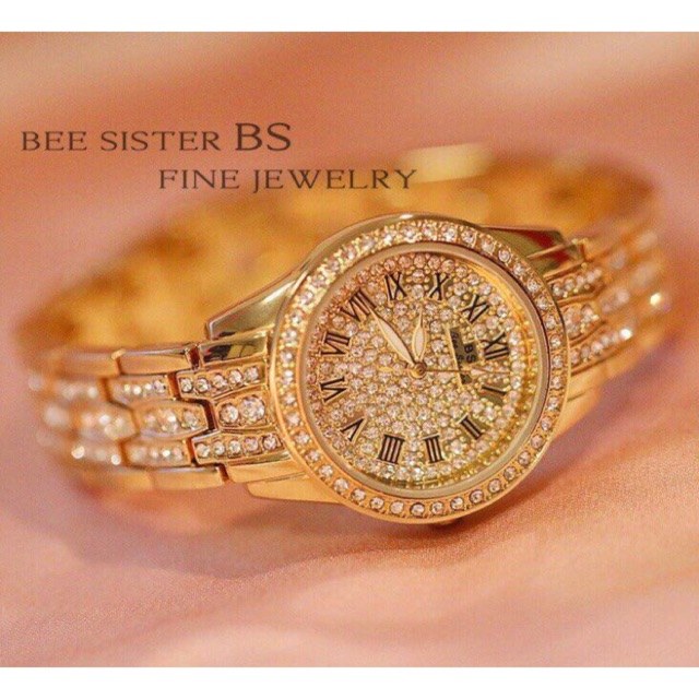 Đồng hồ nữ BeeSister viền đá mặt tròn nhỏ số La Mã + Tặng hộp đồng hồ + Pin