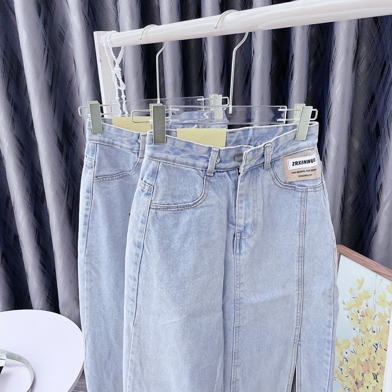 Chân váy jeans dáng dài bút chì Váy jean midi mác da xẻ tà