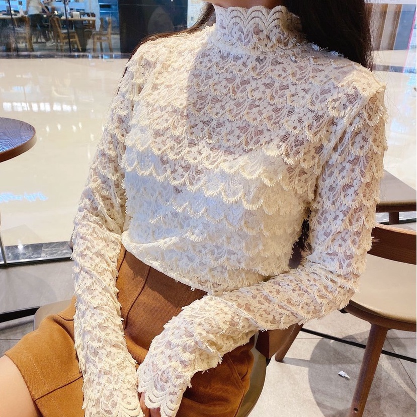 Áo ren tầng nữ dài tay xuyên thấu, áo nữ ren kiểu tay dài dạng áo vảy cá co giãn mềm mịn sexy cho nữ.