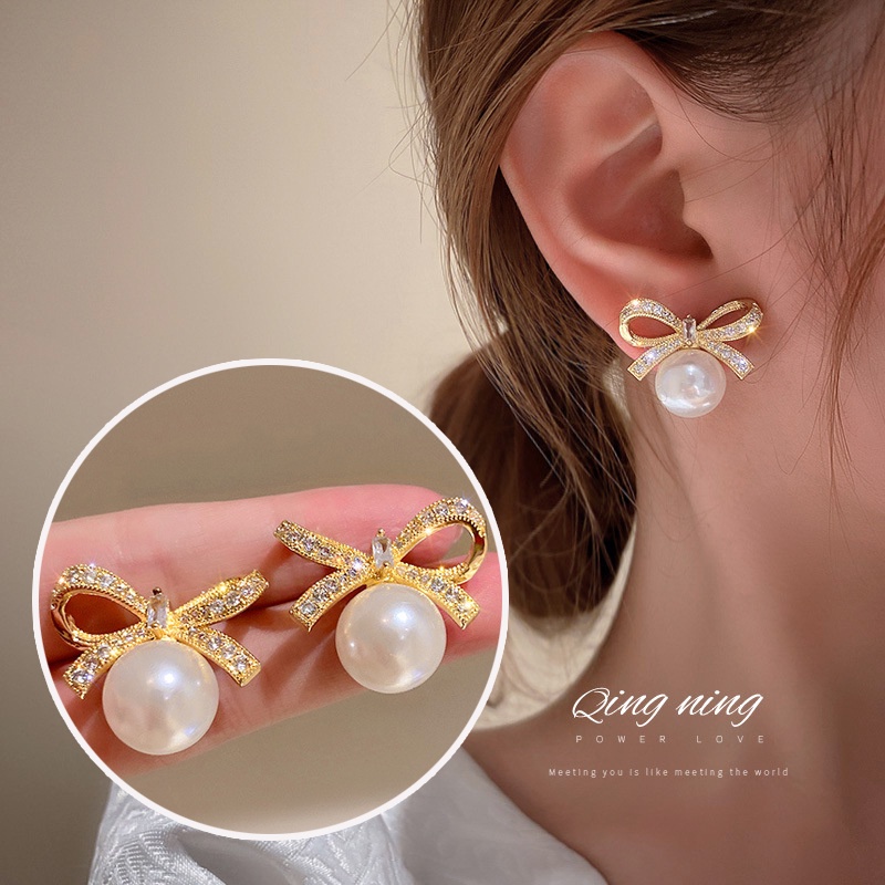 Bông tai mạ bạc 925 hình nơ đính đá ngọc trai phong cách Hàn Quốc mới