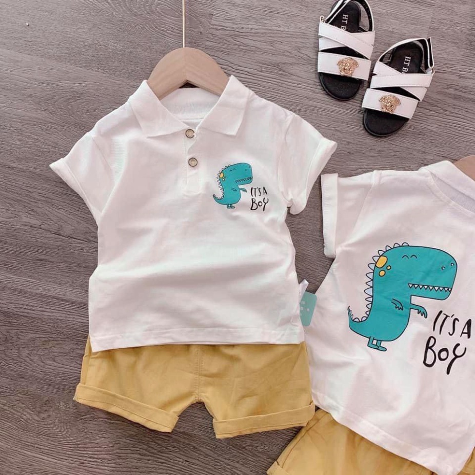 Bộ cộc tay bé trai, Bộ áo polo trắng kèm quần kaki cho bé trai,  Bộ KL áo trắng cộc tay it's a boy cho bé