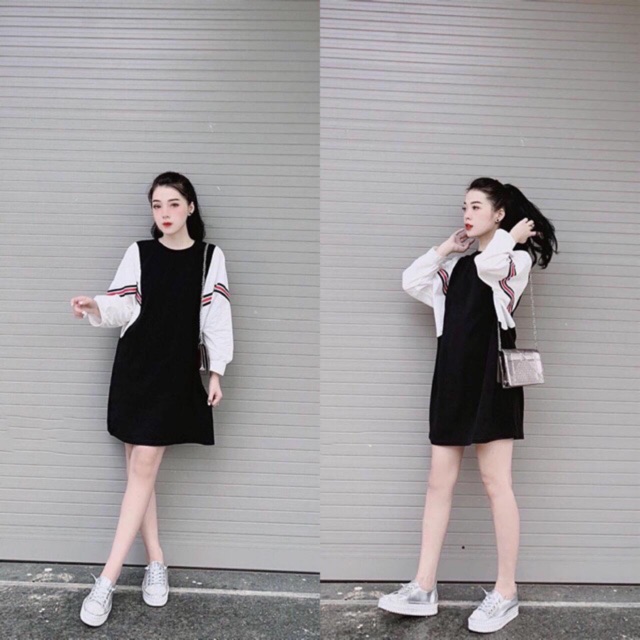 VÁY ĐEN PHỐI TAY KẺ SIÊU HOT