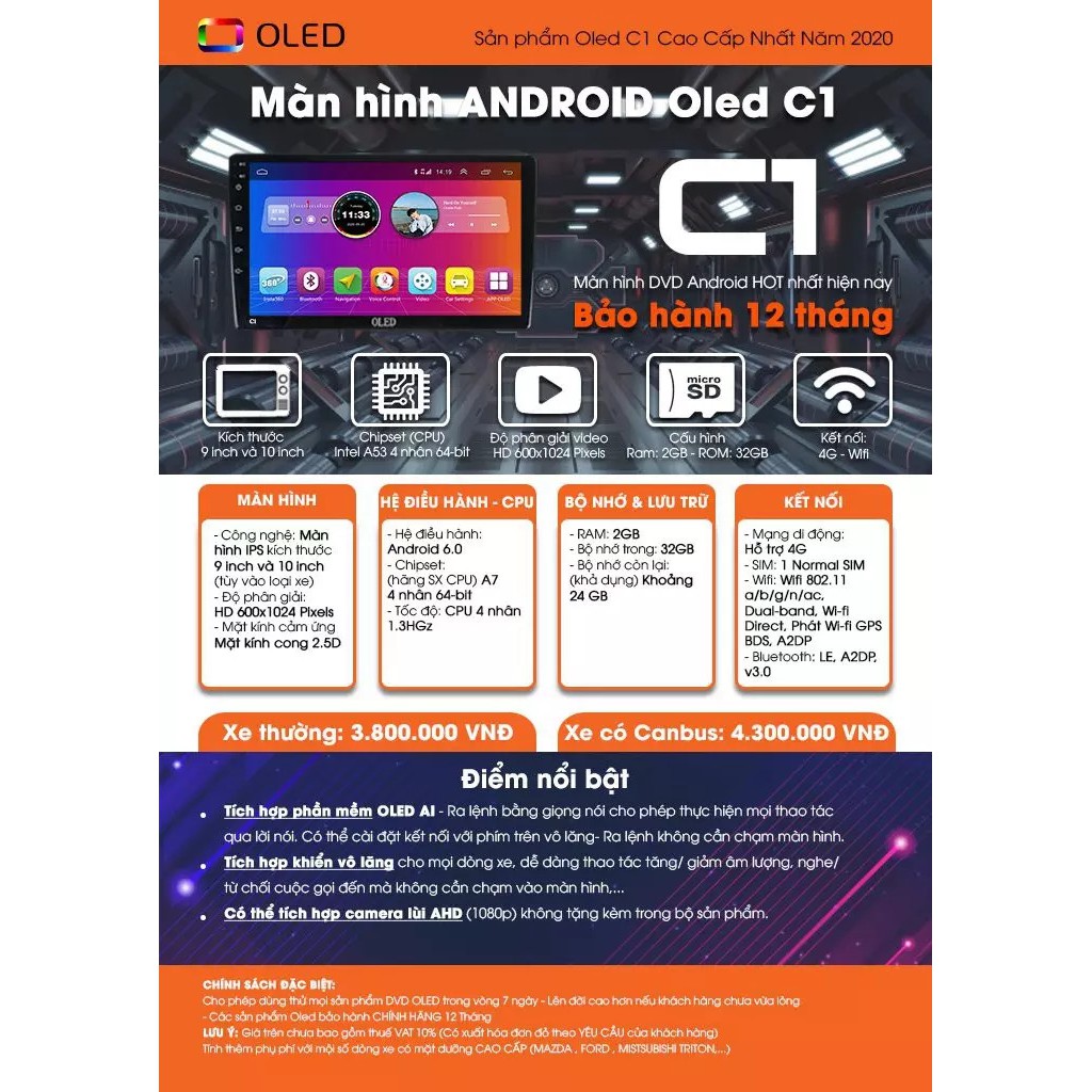 Màn Hình Android OLED C1 Hàng Chính Hãng Bảo Hành 12 Tháng - Màn Hình DVD Ô Tô 9" 10" Kèm Mặt Dưỡng Giắc Zin