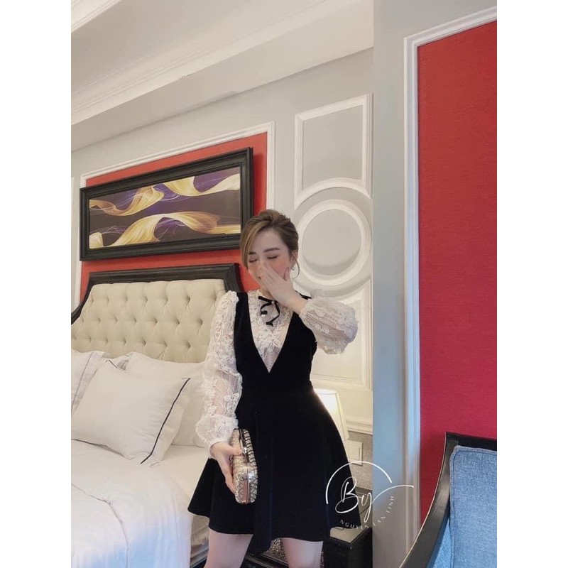 VÁY NHUNG PHA REN HOA NỔI CỔ NƠ