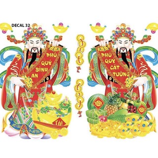 Decan thần tài-2 em bé áo tiên đồng ngọc nữ áo dài - lân - banh chưng dưa hấu-chậu mai dán kiếng dán tường trang trí tết
