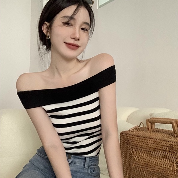 Áo dệt kim ZHELIHANGFEI trễ vai họa tiết kẻ sọc phong cách thời trang quyến rũ