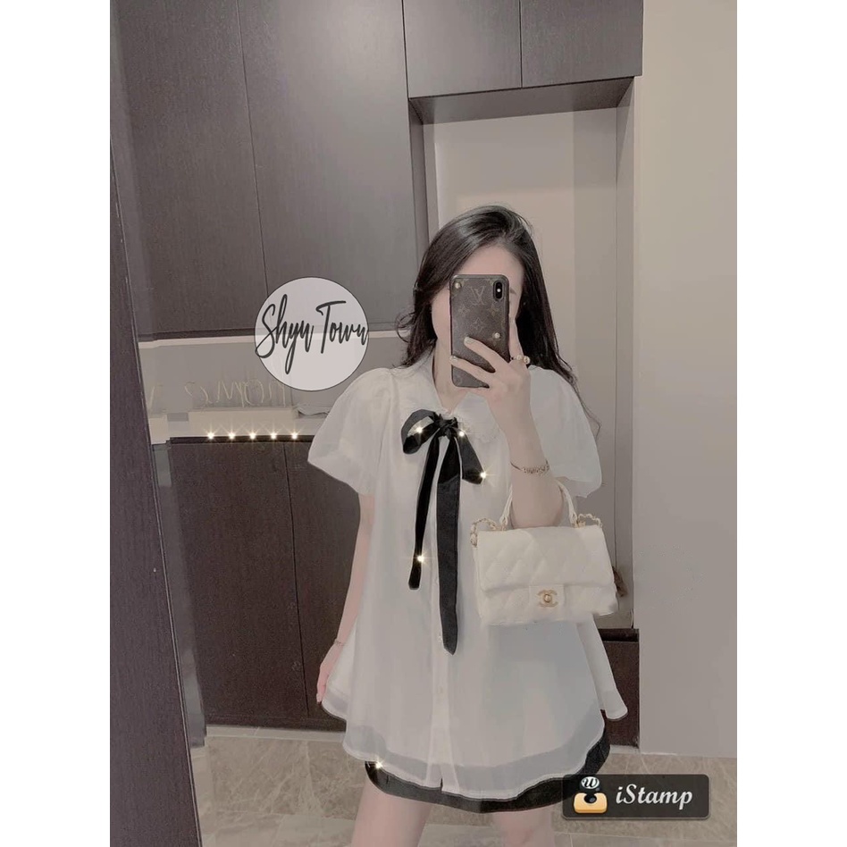 Áo nữ tơ lụa dáng suông tay bồng babydoll, Kiểu áo buộc nơ điệu đà tay phồng nữ tính