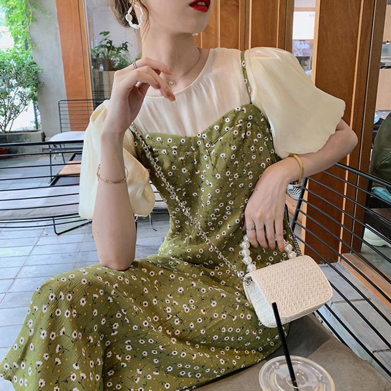 Bộ Áo Sơ Mi Voan Tay Phồng + Đầm Hai Dây In Họa Tiết Hoa Phong Cách Hàn Quốc