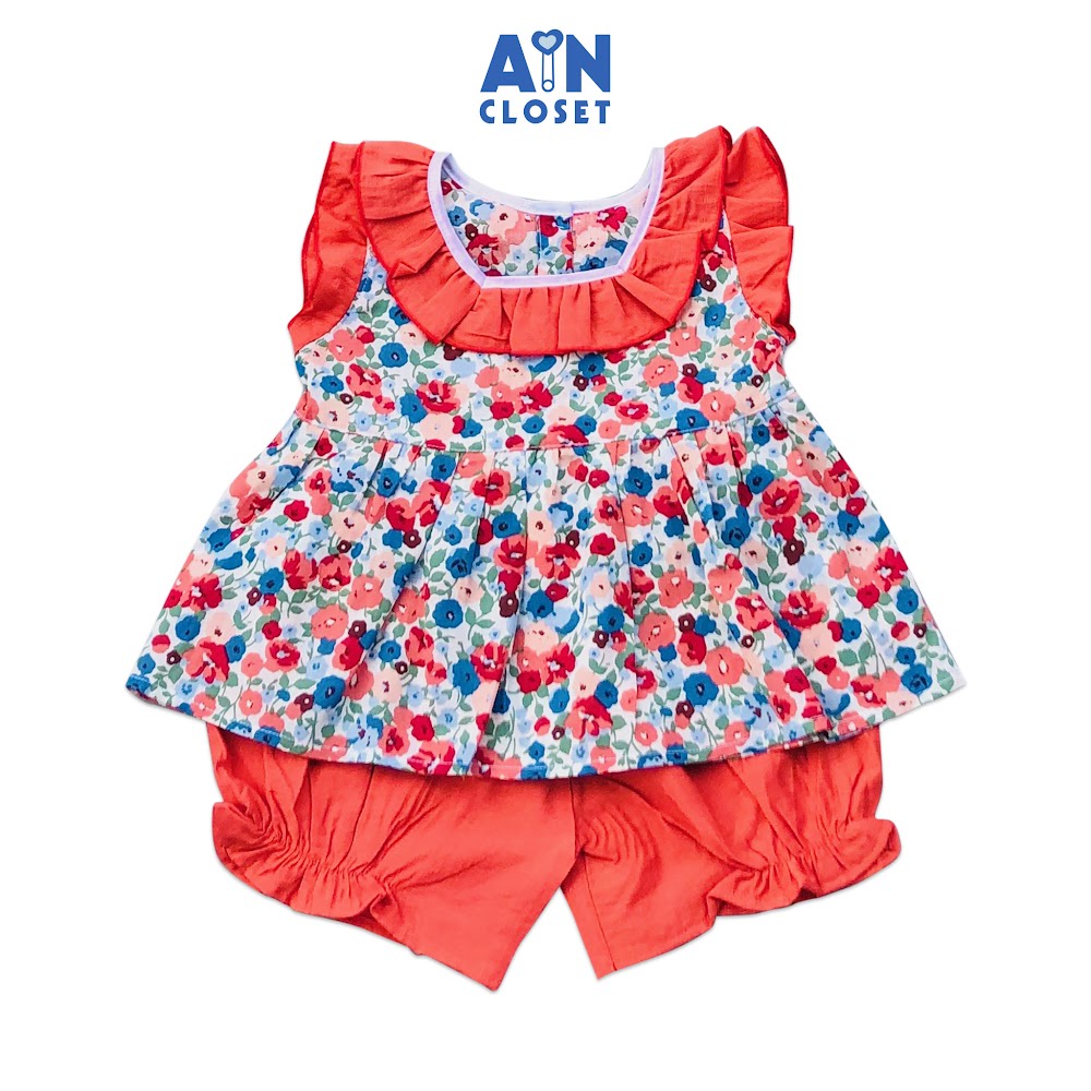 Bộ quần áo ngắn bé gái họa tiết Hoa nhí cam cotton boi - AICDBGX2T8RB - AIN Closet