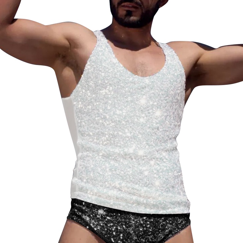 Áo Tank Top Sát Nách Đính Kim Sa Lấp Lánh Thời Trang Đi Biển Mùa Hè Cho Nam Size S-5XL