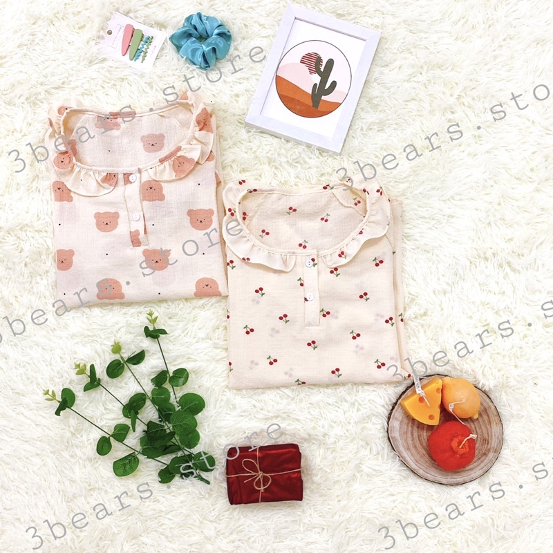 (Ảnh thật) Đồ bộ ngủ nữ dài 3bears.store chất đũi xốp phong cách Hàn Quốc (tay dài, cổ bèo, quần dài)