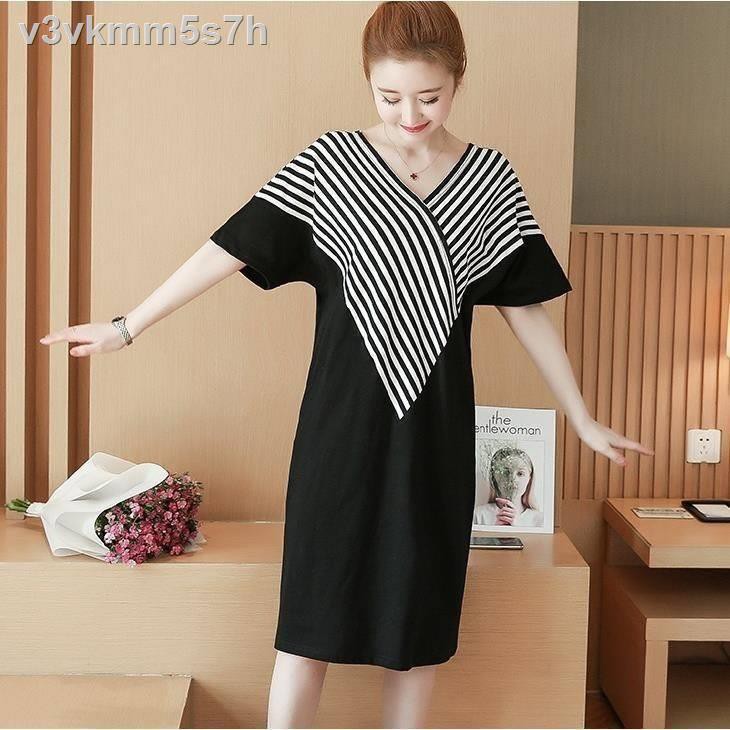 Korean style dress 200 kg fat sister new women s spring and summer loose mid-length short-sleeved T-shirt skirt was thin