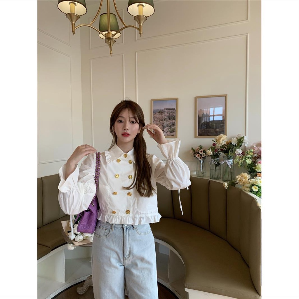 Áo Sơ Mi Tay Chuông Thiết Kế Hai Hàng Nút Cài Phối Ren Dễ Thương Cho Nữ