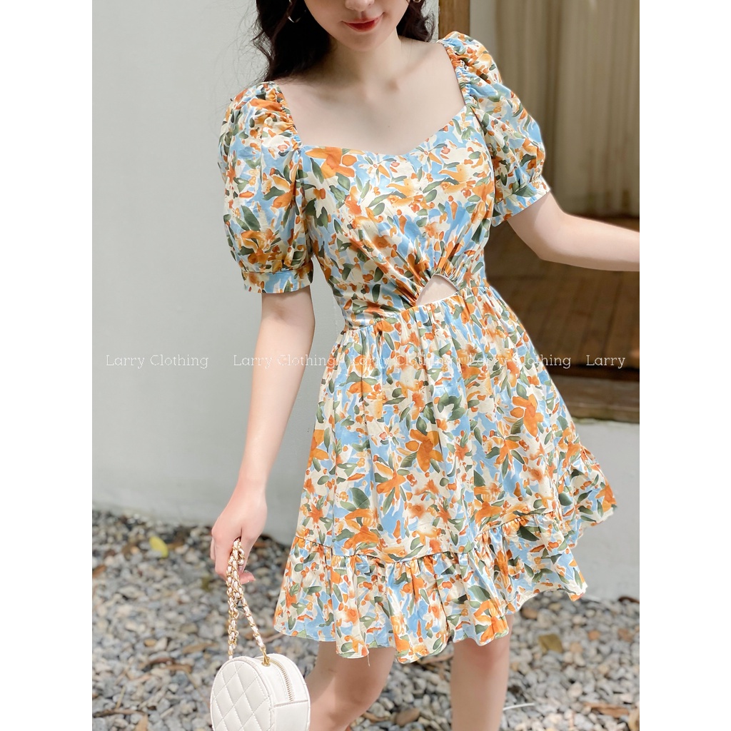 Đầm thiết kế nữ váy ngắn cổ vuông tay bồng chiết eo chất thô hoa Hàn Quốc thời trang thiết kế Larry Clothing V624