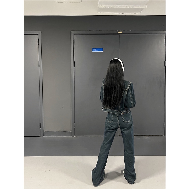 Bộ Áo Khoác Denim Ngắn Dáng Rộng + Quần Jeans Dài Lưng Cao Ống Rộng Thời Trang Cho Nữ
