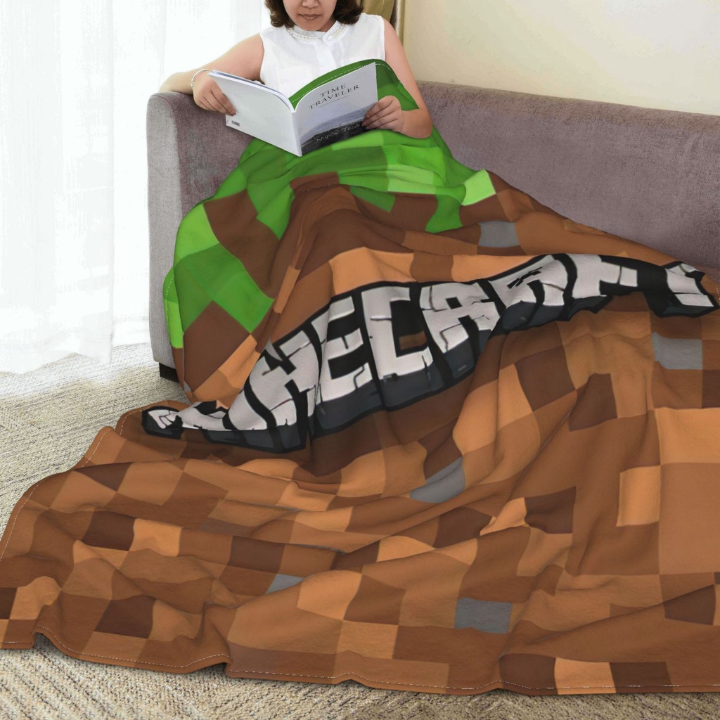 Chăn ngủ vải cotton flannel in họa tiết Minecraft Prestonplayz màu xanh lá