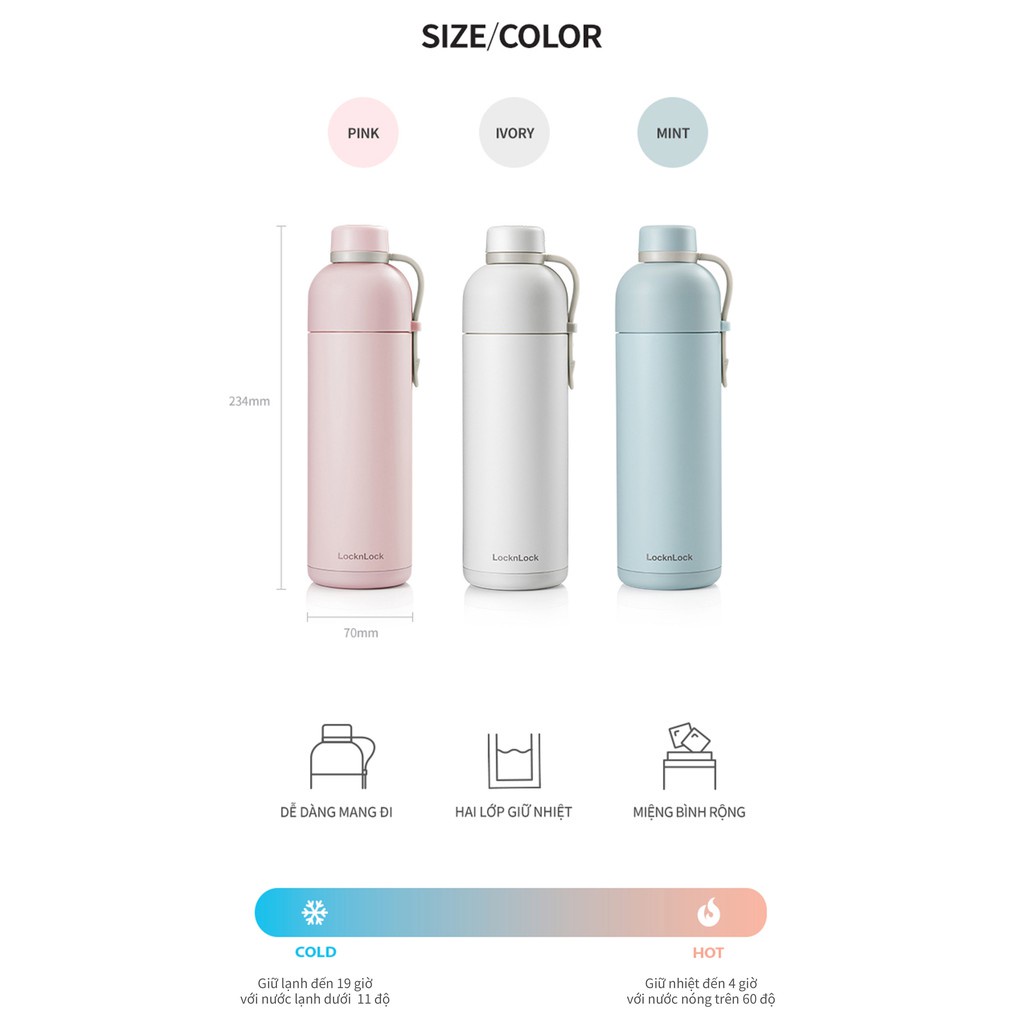 Bình giữ nhiệt LocknLock Belt Bottle LHC4267 490ml 3 Màu , có gắn giữ nấp bình - K-MALL