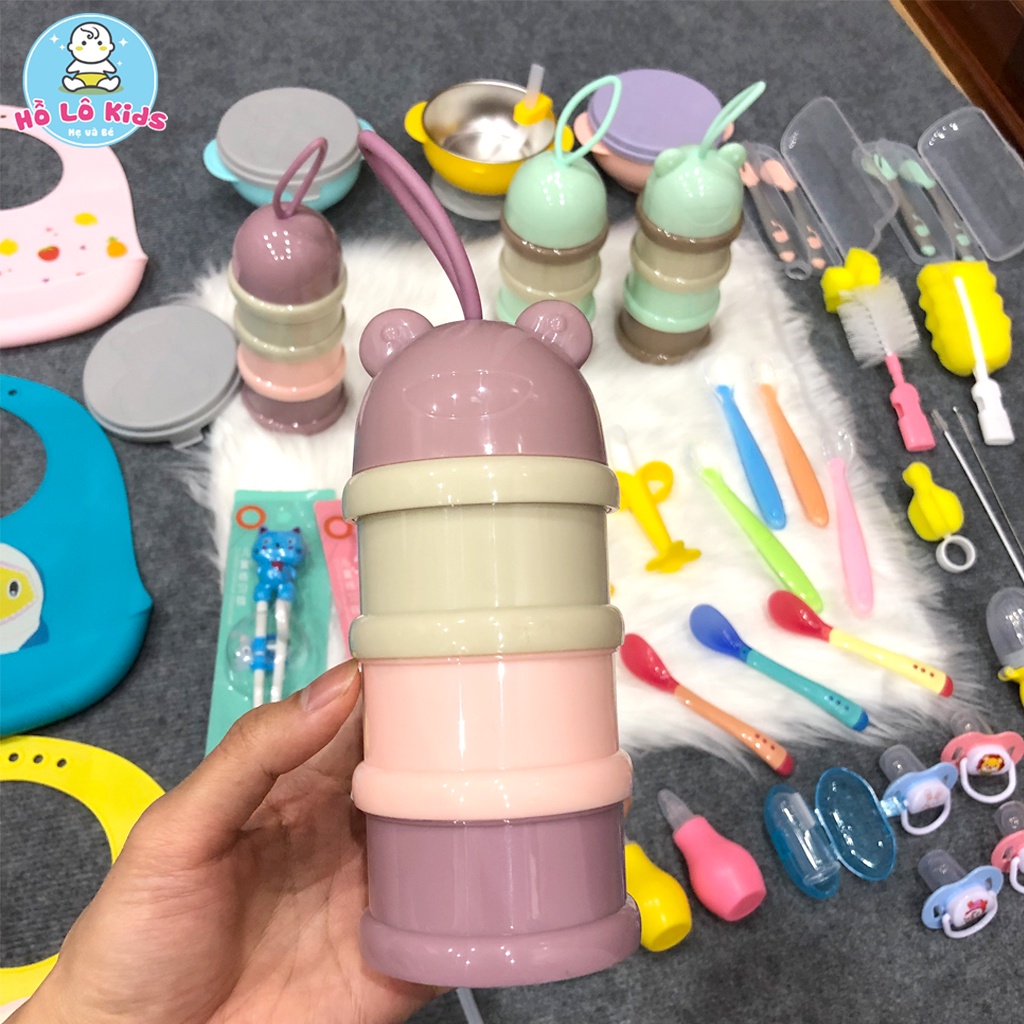 Hộp chia sữa, hộp chia thức ăn cho bé 3 tầng hình gấu có quai xách Hồ Lô Kids