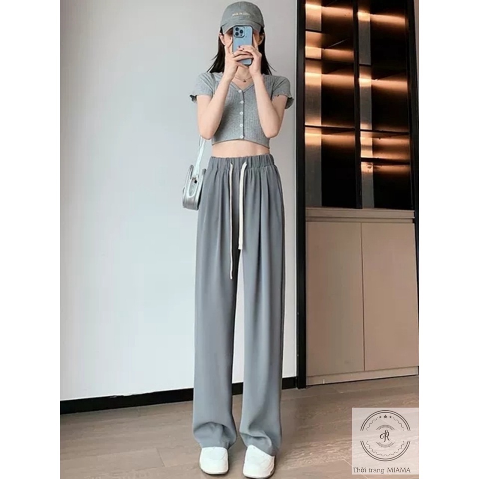 Quần ống rộng nữ lưng chun cạp cao dây rút dáng dài thể thao vải đen nâu, Quần tây ống suông rộng Cherilon