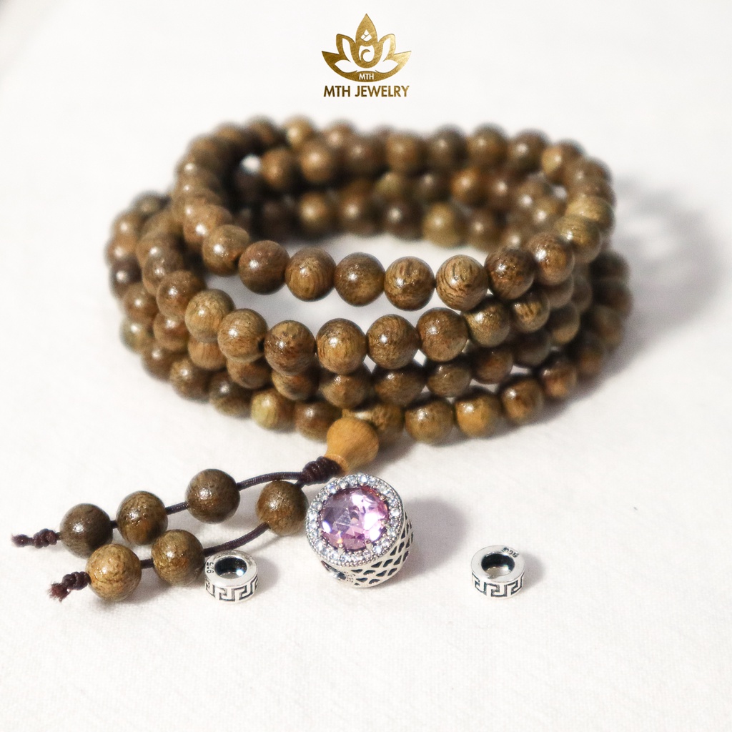 Vòng Tay Trầm Hương MTH JEWELRY 108 Hạt Mix Charm Đá Hồng Trà - Bạc S925